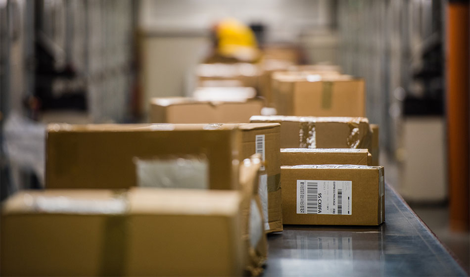 Boxes moving down a belt in a processing center