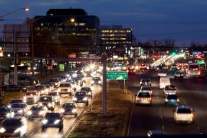 aerial view of rush hour traffic in a city