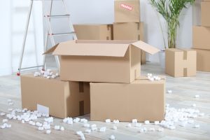 moving boxes ina packed room with packing peanuts on the floor