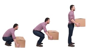 Three images of man lifting a box properly using legs
