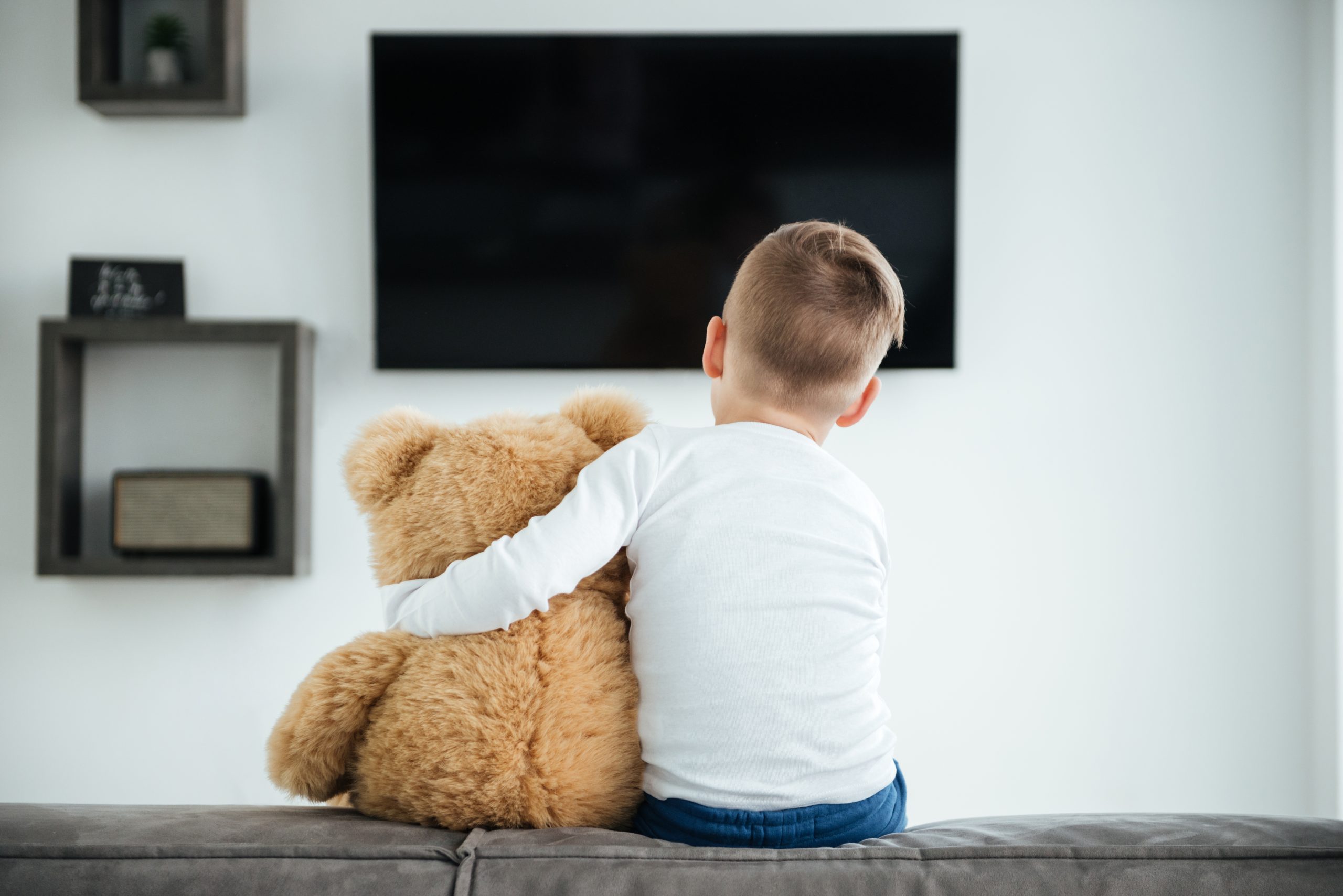 Back view image of a little boy sitting on sofa with teddy bear waiting for parents at home.