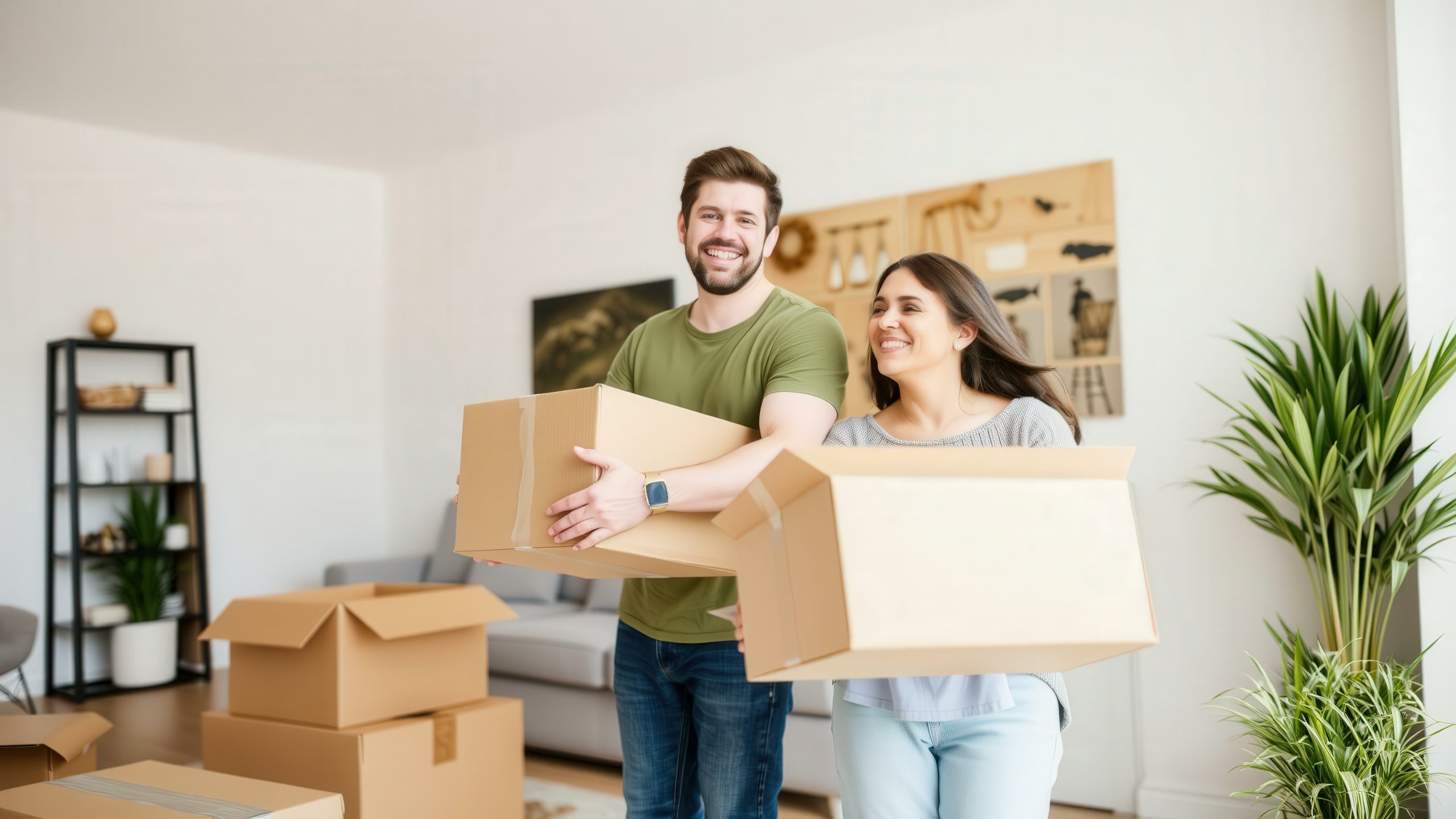Happy Couple Moving into New Home with Boxes, Green Plants, and Comfortable Living Room Furniture