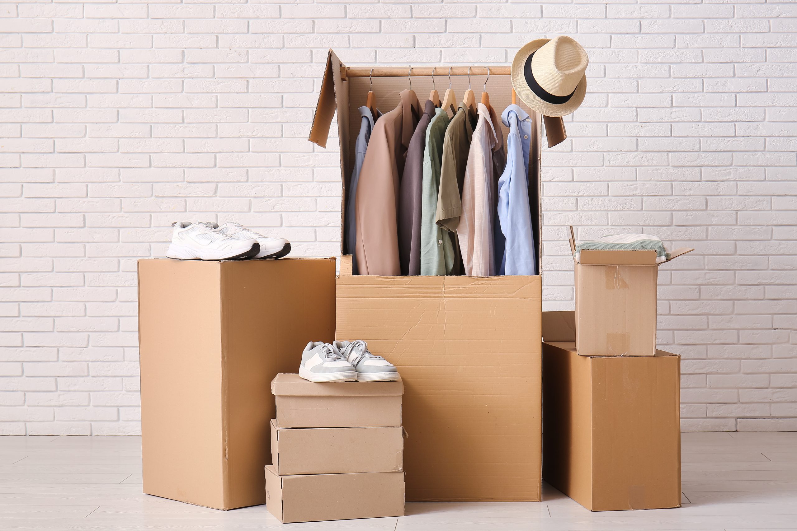 Wardrobe boxes with clothes and shoes near white brick wall