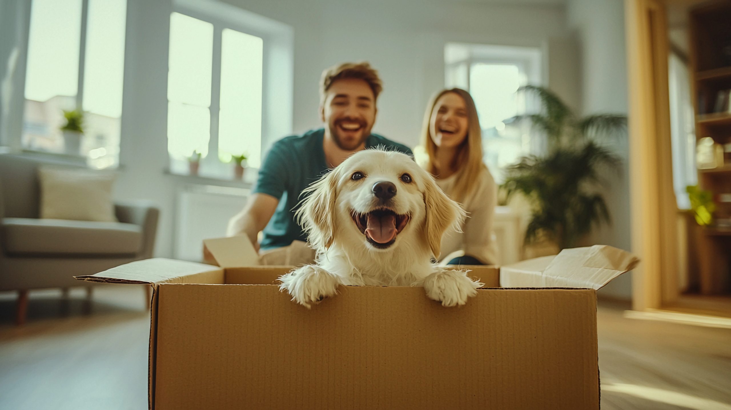 Relocation. Happy dog inside a cardboard moving box. Background - a man and woman are sitting on the sofa and laugh. The concept of moving. Packing things in boxes. Logistics, cargo transportation