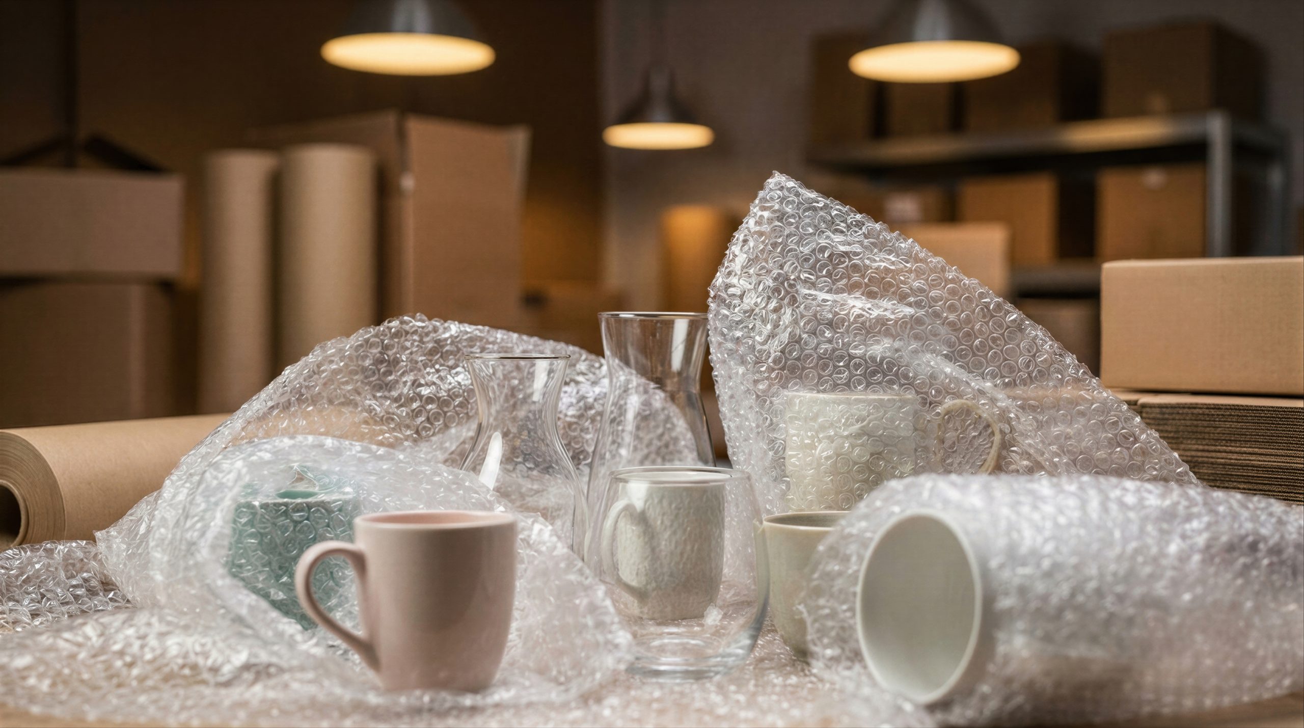 Ceramic mug and glass vase being wrapped in bubble wrap for moving.